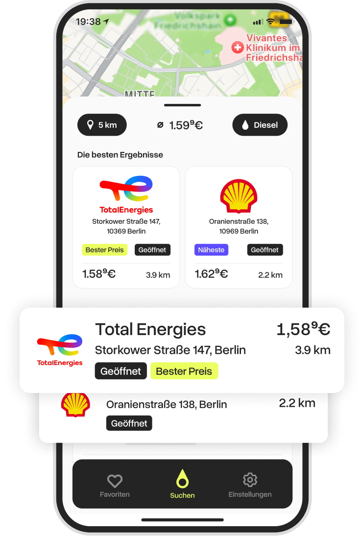 Besser Tanken App Screenshot - Tankstellenliste mit aktuellen Benzin- und Dieselpreisen, Standorten und Öffnungszeiten