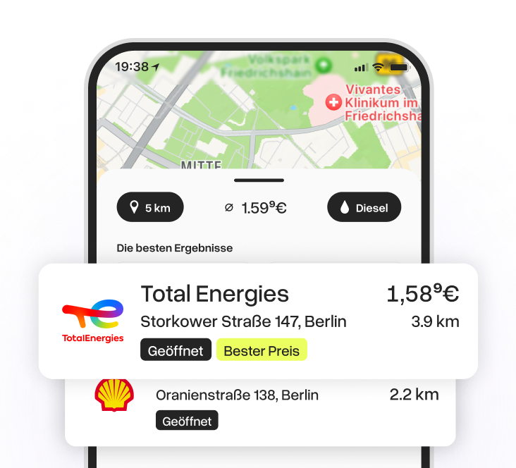 Besser Tanken App Mobile Screenshot - Smartphone Ansicht der Tankstellen-App mit Preisvergleich und Navigation